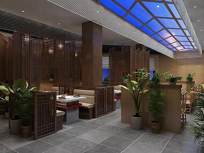 Elegant Restaurant Interior With Wooden Partitions Blue Glass Skylight And Green Plants 3d model