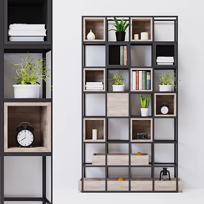 Modern Shelving Unit with Wood and Metal Frame for Displaying Plants Books and Decor Items 3d model