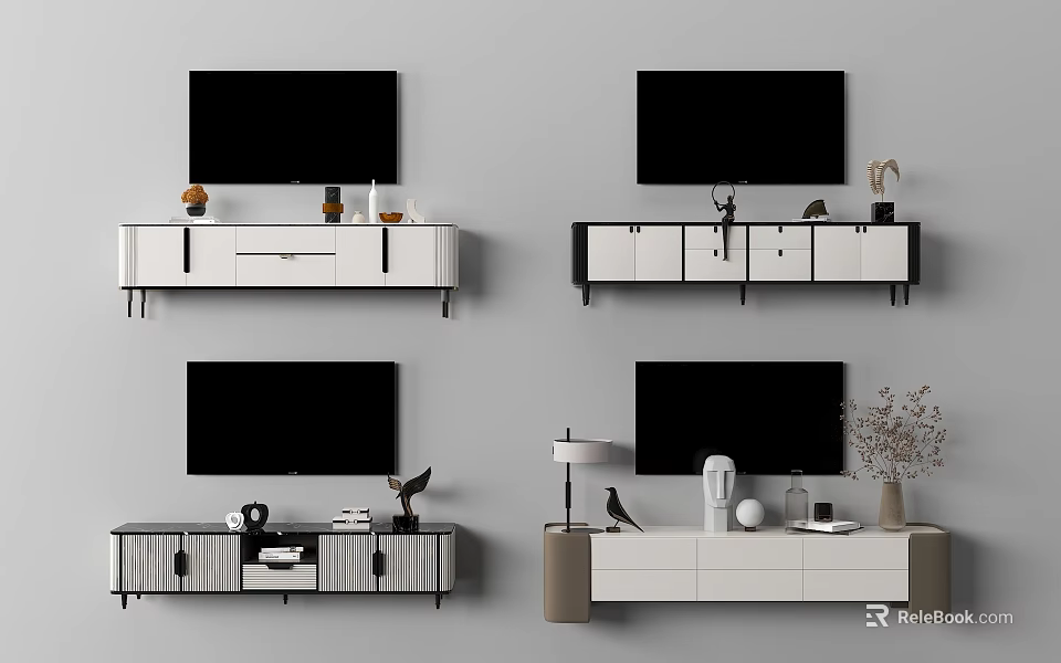 Modern TV Stand Designs With Drawers Cabinets TV And Decorative Items On Wall 3d model 