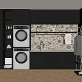 Modern Stacked Washing Machines In Laundry Room With Black Cabinets Decorative Wallpaper And Clothes Hanger