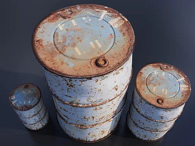 Road Facilities Featuring Three Rusty White Metal Barrels With Round Lids 3d model