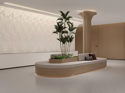 Modern Interior With Curved Banquette Sofa Potted Plants And Textured Wall Design 3d model