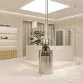 Modern Minimalist Clothing Store With White Racks Mannequins Green Plants And Bright Lighting