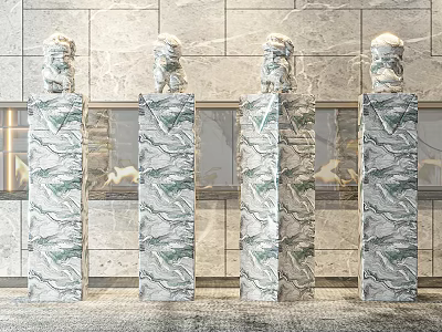 Sculpture Carving On Top Of Four Marble Pillars With Green Veins And Stone Wall Background 3d model
