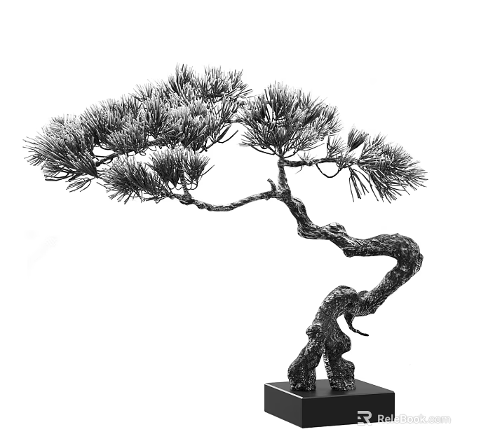 Artistic Decorative Pine Tree Ornament With Curved Branch Pine Needles And Black Base 3d model 