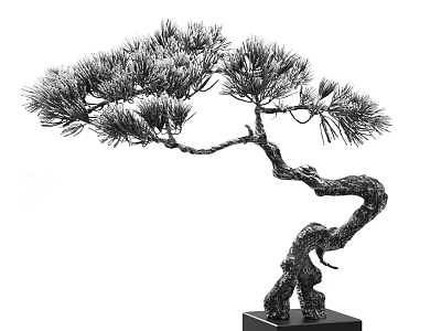 Artistic Decorative Pine Tree Ornament With Curved Branch Pine Needles And Black Base 3d model