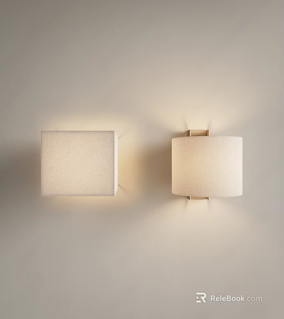 Two Wall Lamps With Square And Round Fabric Shades On Light Wall Emitting Soft Glow 3d model 