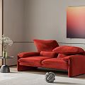 Red Two Seater Sofa In Living Room With Side Table Vase Flowers And Wall Painting