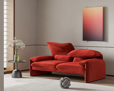 Red Two Seater Sofa In Living Room With Side Table Vase Flowers And Wall Painting 3d model
