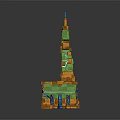 3D Mechanical Tower Structure With Green Elements Orange Base Top Antennas And Blue Tech Lines