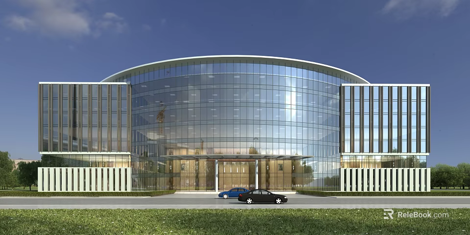 Modern Curved Office Building With Glass Curtain Walls And Lawn Front Entrance With Parked Cars 3d model 