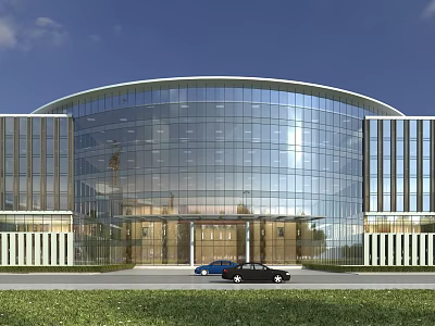 Modern Curved Office Building With Glass Curtain Walls And Lawn Front Entrance With Parked Cars 3d model