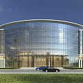 Modern Curved Office Building With Glass Curtain Walls And Lawn Front Entrance With Parked Cars