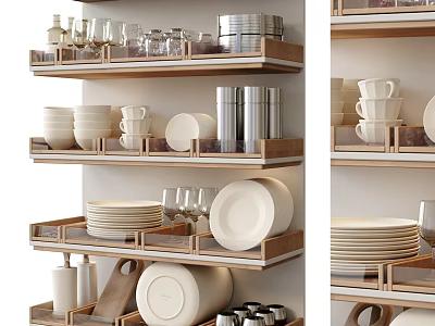 Modern Organized Tableware Set On Wooden Shelves 3d model