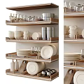 Modern Organized Tableware Set On Wooden Shelves 3d model