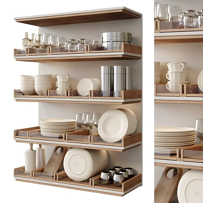 Modern Organized Tableware Set On Wooden Shelves 3d model Modern Organized Tableware Set On Wooden Shelves 3d model
