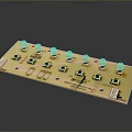 Control Panel with Black Knobs Square Buttons and Labels on Beige Surface