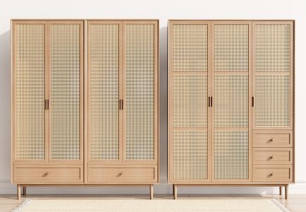 Nordic Wardrobe Solid Wood Wardrobe Rattan Wardrobe 3d model