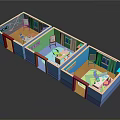 Colorful Three Room Interior Design Layout With Beds Tables And Chairs