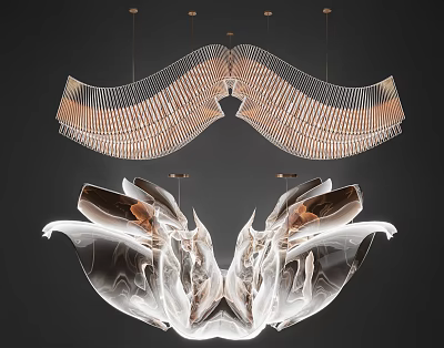 Modern Artistic Chandelier Design With Curved Metal Frame And Transparent Petal Structure 3d model