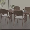 Modern Minimalist Wooden Dining Table Set With Rattan Back Chairs And Vase Decor