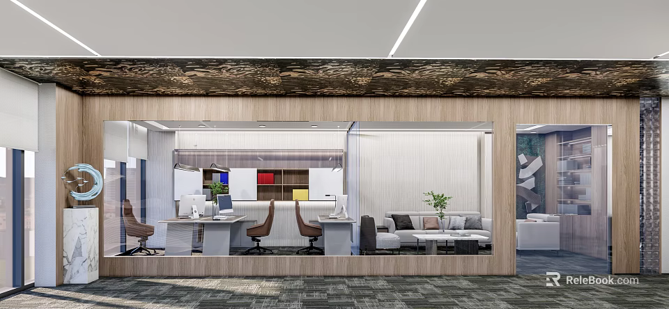 Modern Public Office Space Interior Design With Open Layout Work Desks Sofa And Green Plants 3d model 
