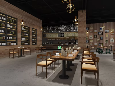 Cozy Café Interior With Wooden Walls Wine Racks Pendant Lights And Decorative Paintings 3d model