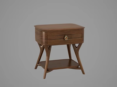 Modern Wooden Bedside Table With Dark Brown Finish Drawer Metal Handle And Cross Legs 3d model