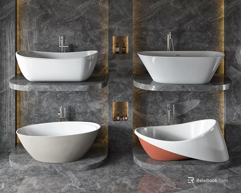 Elegant Modern White Bathtub With Unique Shape Marble Wall And Gold Accents 3d model 