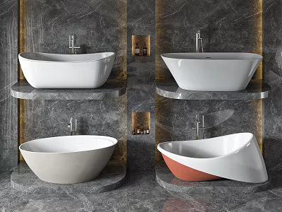 Elegant Modern White Bathtub With Unique Shape Marble Wall And Gold Accents 3d model