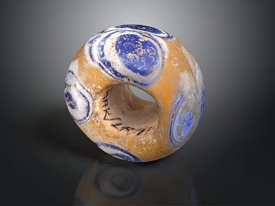 Hand Carved Circular Sculpture With Orange Blue Spiral Patterns And Hollow Center Design 3d model