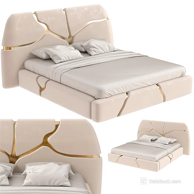 Modern Double Bed Interior Design With Beige Upholstered Headboard And Gold Accent Lines 3d model 