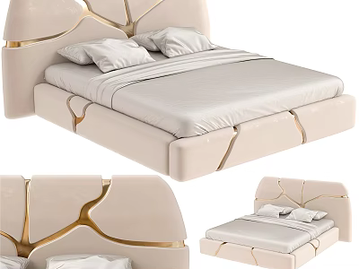 Modern Double Bed Interior Design With Beige Upholstered Headboard And Gold Accent Lines 3d model