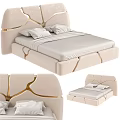 Modern Double Bed Interior Design With Beige Upholstered Headboard And Gold Accent Lines