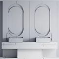 Luxury Bathroom Vanity With Double Oval Gold Frame Mirrors And Marble Countertop White Sinks