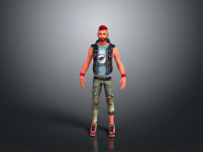 Man With Red Hair Black Vest Blue Printed T Shirt Ripped Jeans Red Shoes And Wristbands 3d model