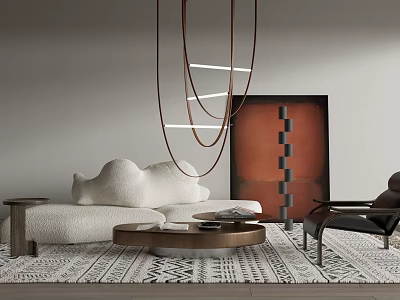 White Cloud Shaped Sofa And Round Coffee Table Set With Black Chair Hanging Lamps 3d model