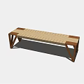 Light Wooden Public Bench With Woven Seat And Triangular Leg Design