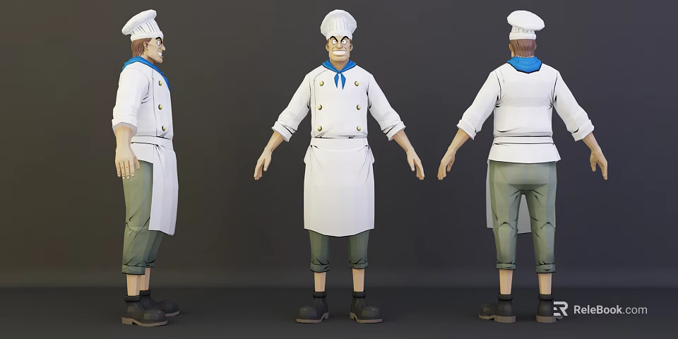 Game and Film Chef Character With White Uniform Chef Hat and Blue Scarf 3d model 