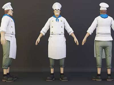 Game and Film Chef Character With White Uniform Chef Hat and Blue Scarf 3d model