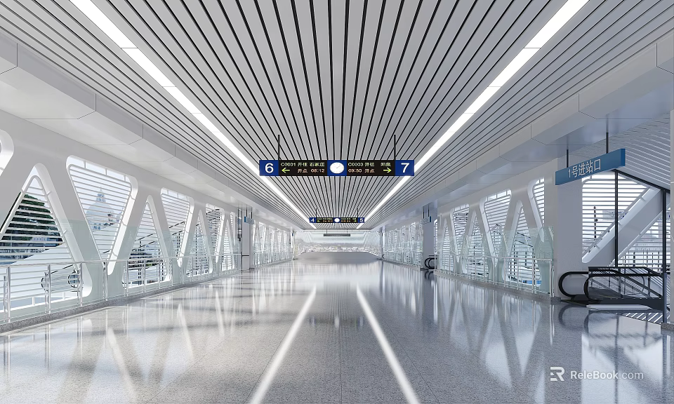 Modern Train Station Hall With Linear Ceiling Bright Lighting Geometric Windows Sleek Reflective Floor 3d model 