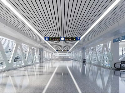 Modern Train Station Hall With Linear Ceiling Bright Lighting Geometric Windows Sleek Reflective Floor 3d model