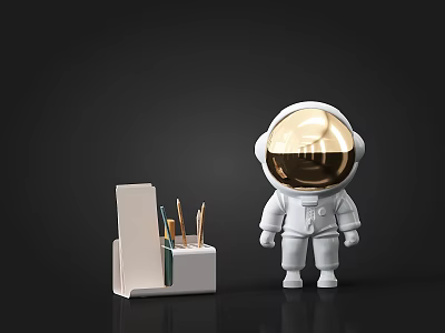 Decorative Ornament Set With White Astronaut Figurine And Pen Holder For Desk Decor 3d model