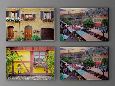 Vibrant Landscape Paintings With Yellow Buildings Windows Vines Flower Pots And Street Markets 3d model