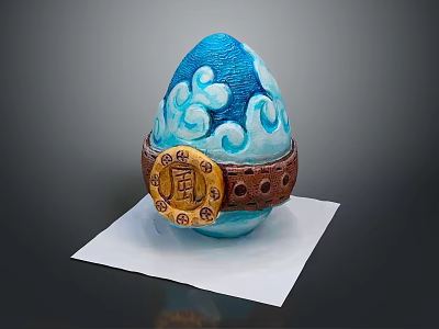 Elegant Furniture Ornament Egg With Blue Wave Design And Brown Leather Belt 3d model