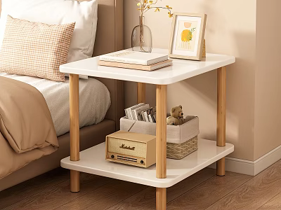 Two Tier Wooden Bedside Table with White Top Vase Books Photo Frame and Teddy Bear 3d model