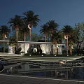 Elegant Water Fountain With Stepped Design Palm Trees And Reflective Water In Garden