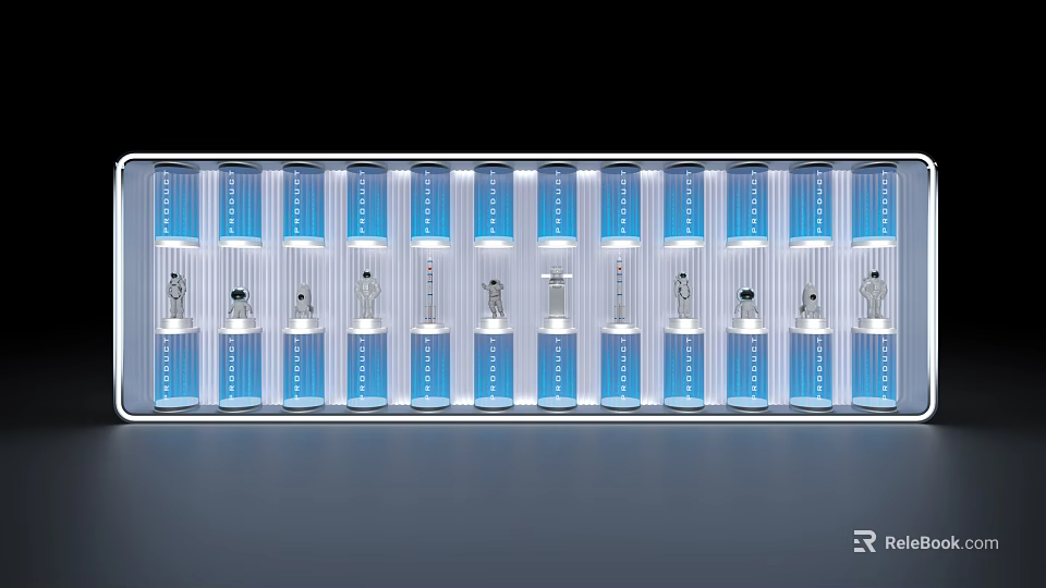 Modern Blue Display Shelves With Built in Lighting And White Items Arrangement 3d model 