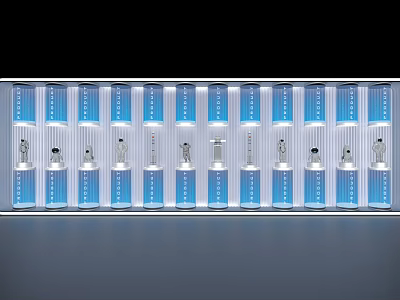 Modern Blue Display Shelves With Built in Lighting And White Items Arrangement 3d model