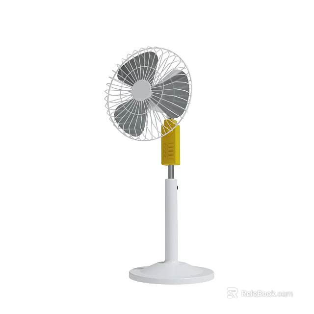 White Standing Floor Fan With Yellow Control Panel And Gray Blades 3d model 